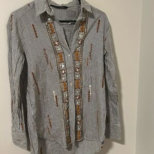 Zara Embroidered Beaded Long Sleeve Button Down Blouse Oversized Size XS